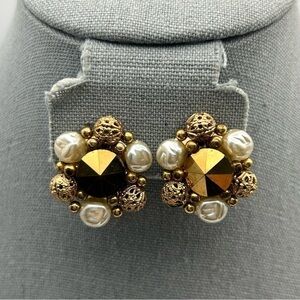 Vintage Round Faux Pearl and Gold Tone Textured Beaded Clip On Earrings